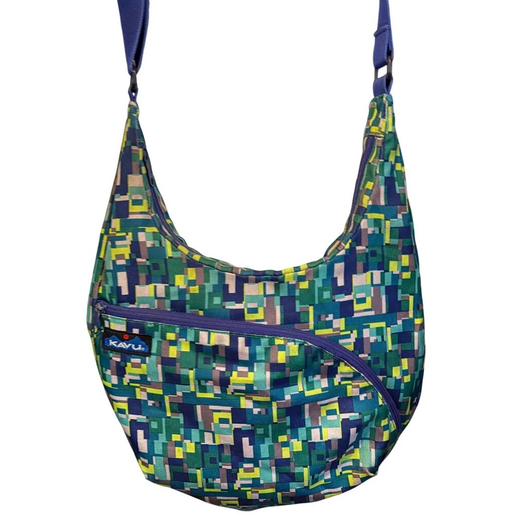 Kavu Womens Crossbody Bag With Adjustable Strap & Pixel Pattern Teal,Blue & Lime - Picture 4 of 13